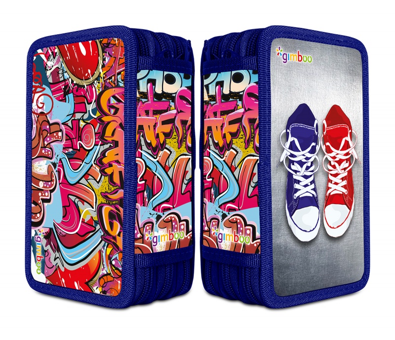 Piórnik szkolny GIMBOO, z wyposażeniem, 3 komory, graffiti, niebieski | espryciarze.pl |Weź najlepszą cenę!