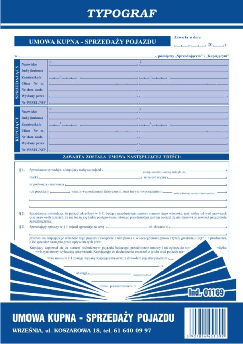 Druk umowa kupna sprzedaży pojazdu Typograf | espryciarze.pl |Kup od ręki!