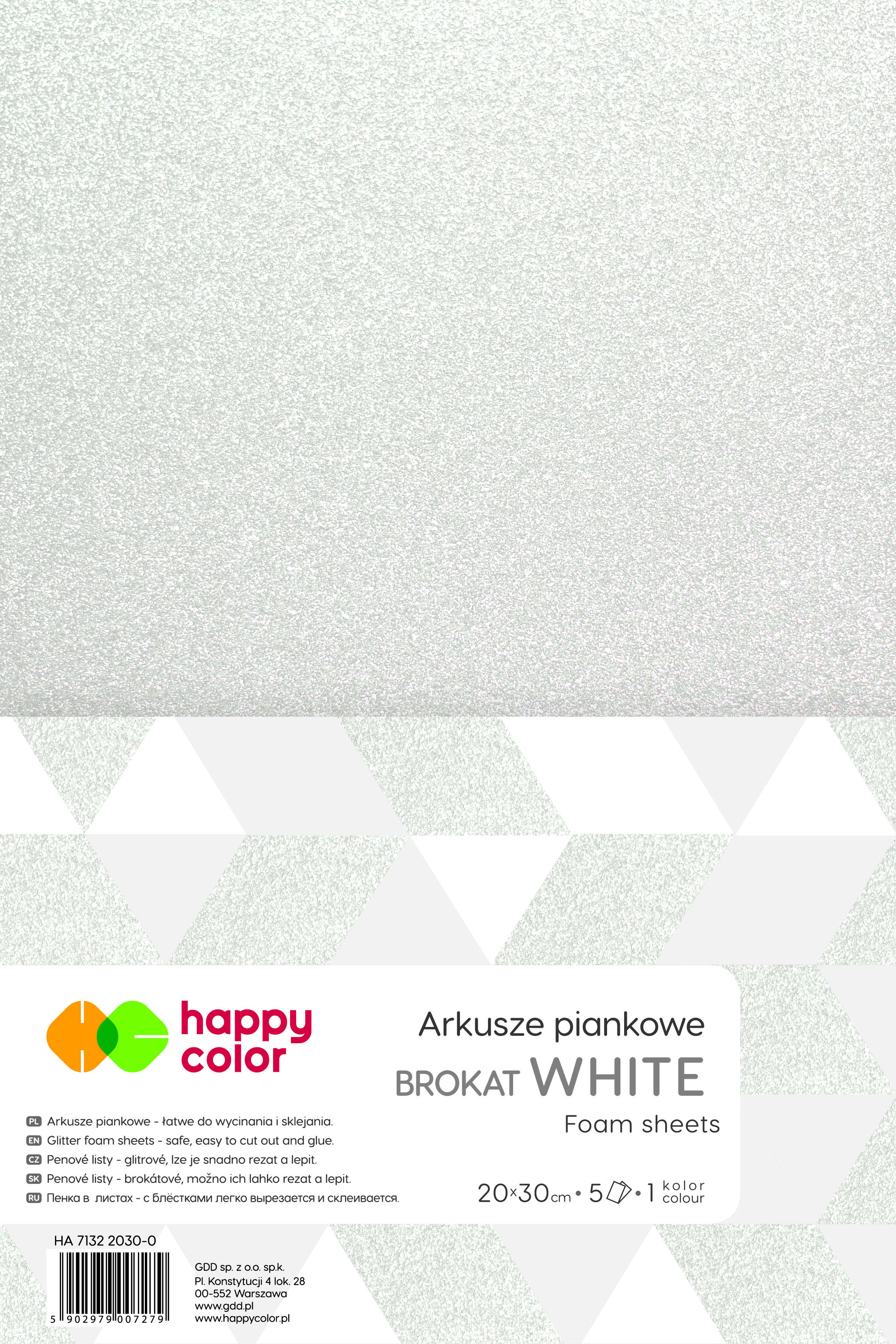 Arkusze piankowe brokatowe A4, zestaw 5 sztuk, białe, Happy Color | espryciarze.pl |Działaj teraz!